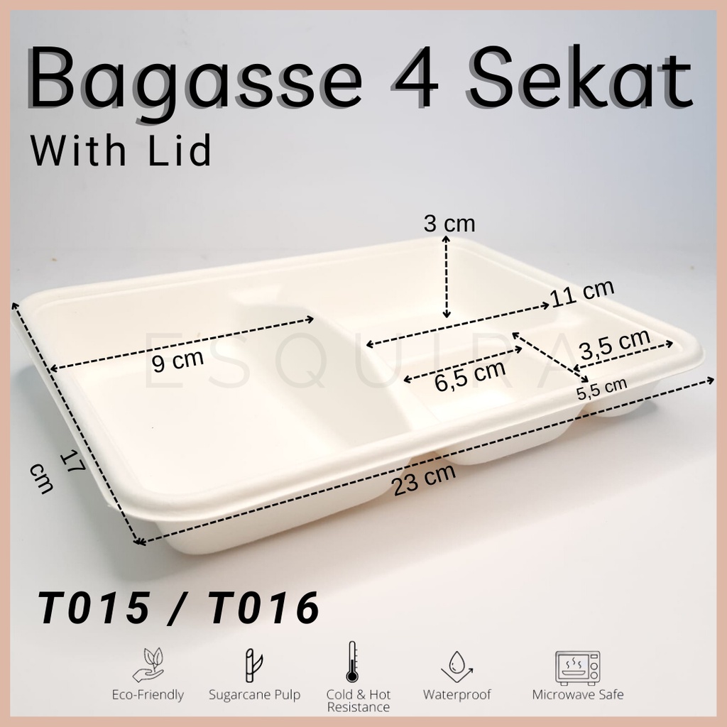 Bagasse 4 Compartment + Pulp Lid / Disposable Lunch Tray  / 10 Pcs / T015 / T016
