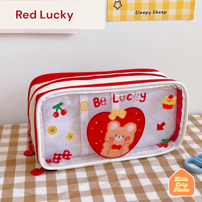 

KT- Kawaii Jumbo Transparent Pencil Case Desain Baru / Korean Style - RED LUCKY TERBARU