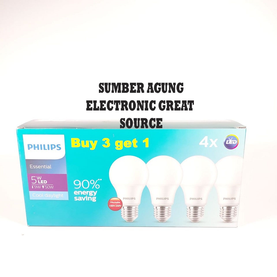 Philips LED Essential 5W Buy 3 Get 1 Paketan isi 4 Cahaya Dus Biru Muda