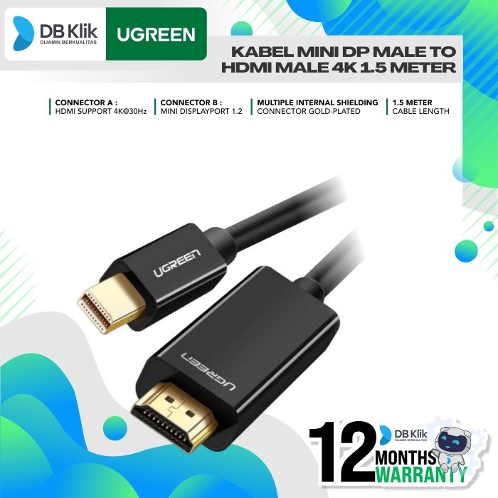 Kabel UGreen Mini DP Male to HDMI Male 4K 1.5 Meter (20848)