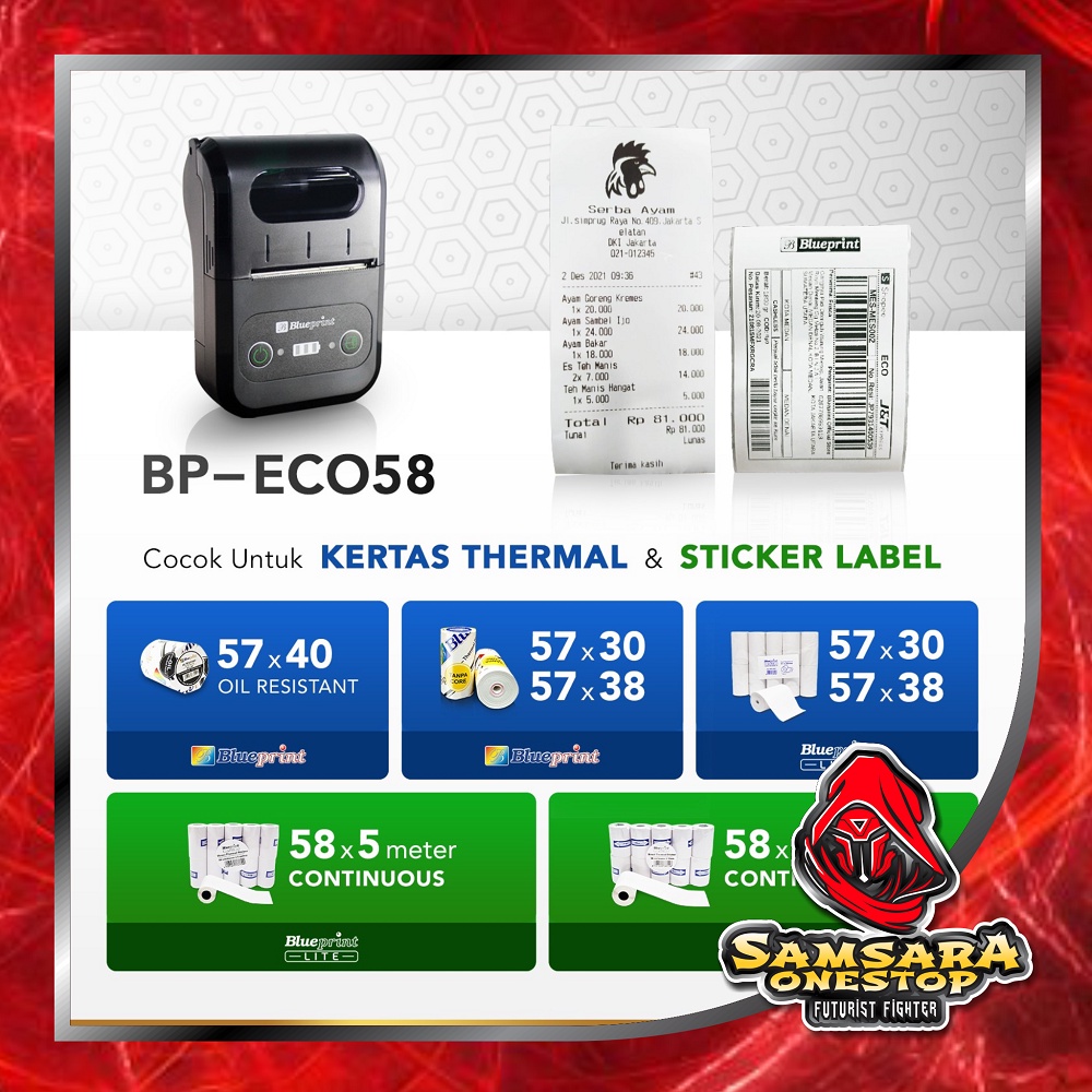 Printer Thermal Blueprint ECO58 Portable Mini Bluetooth  Baterai 18650 eco 58