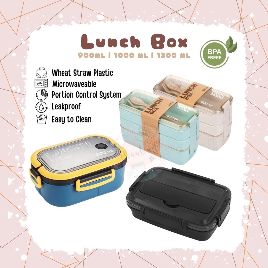 Kotak Bekal Rantang 1/2/3 Layer Bento Makan Siang Sekolah Kerja Anak Dewasa Aesthetic Anti Bocor Tahan Panas dengan Sendok Garpu Lunch Box 900/1000/1200ml with Spoon &amp; Fork