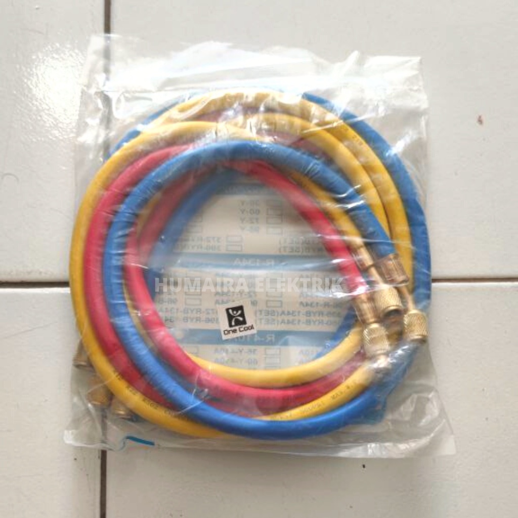 Selang manifold Panjang: 90cm R22, R134, R12, R502  Include: - 3 selang ( Merah, Biru, Kuning)