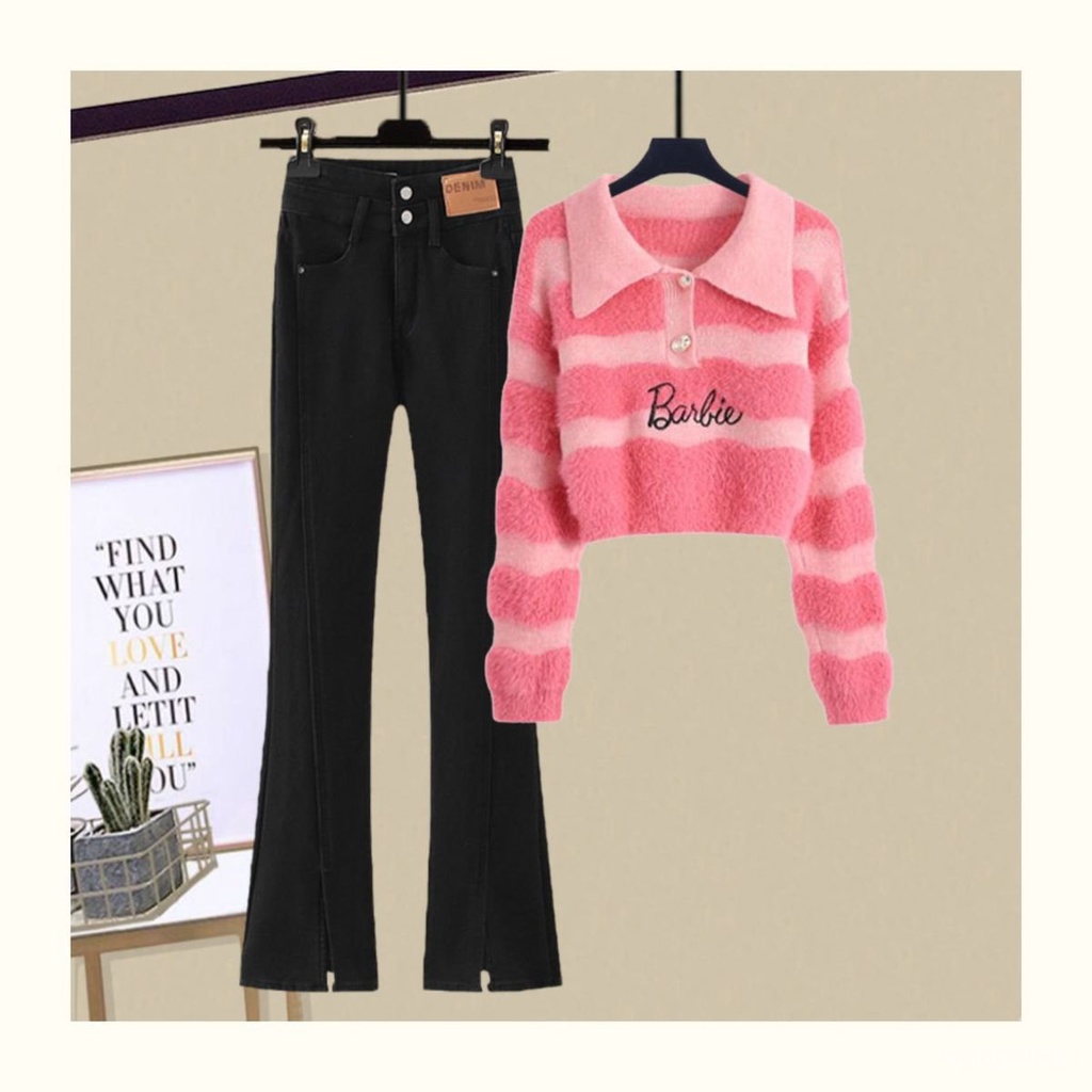 [✅BISA COD] #Sisjuly# Setelan jumper jeans jumper leher polo bergaris baru wanita set dua potong