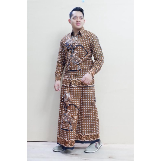 Setelan Sarung Celana Pria Dewasa Kombinasi Kemeja Batik Lengan Panjang Pendek Baju Cowok Modern Ful