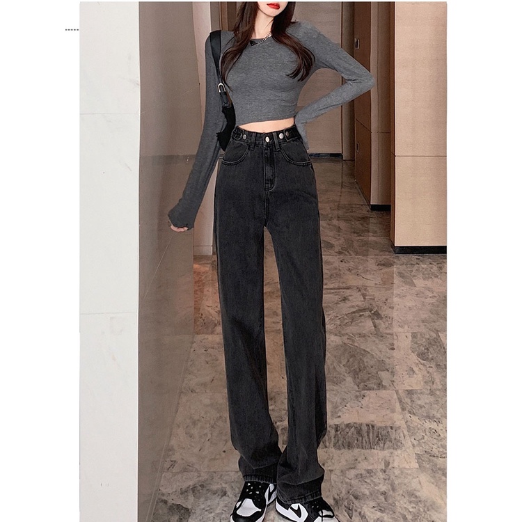 Celana Panjang Denim Hitam Wanita Kekinian Terbaru Boyfriend Jeans Loose High Waist