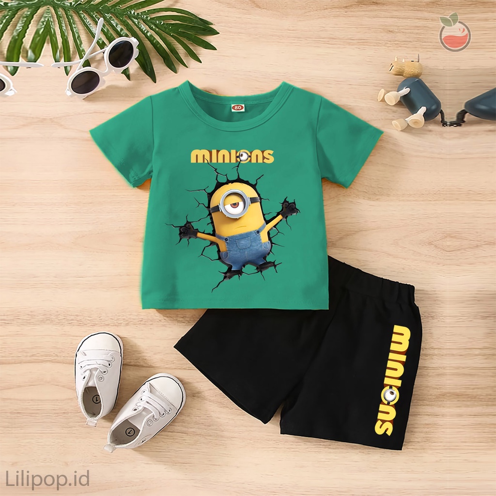 Baju Anak Stelan Kaos 3/4 MINION Cowok Cewek  Usia 1 - 4 Tahun Celana Pendek Harian