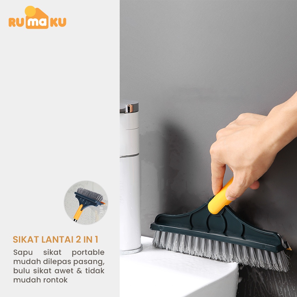 Rumaku Sikat Lantai Kamar Mandi Toilet 3 in 1 Sikat Pembersih WC Praktis Multifungsi Serokan Air Gagang Panjang