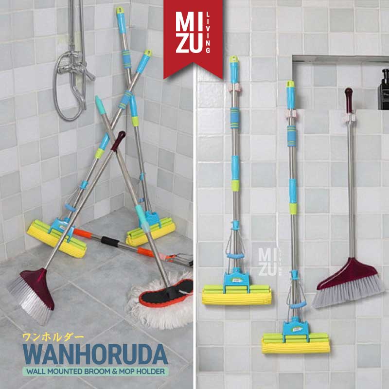 MIZU WANHORUDA Wall Mounted Broom &amp; Mop Holder Gantungan Sapu Pel Hook Hanger Tempel Cantolan Serbaguna