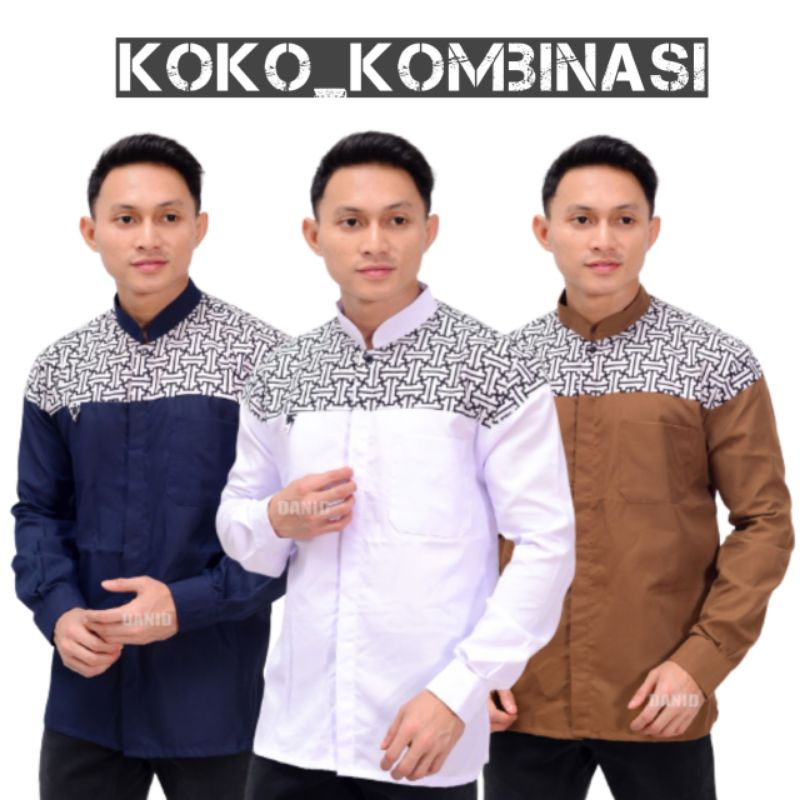 Koko Kombinasi Kain Motif Batik Lengan Panjang Pria Dewasa / Baju Muslim Laki-laki / Busana Muslim C