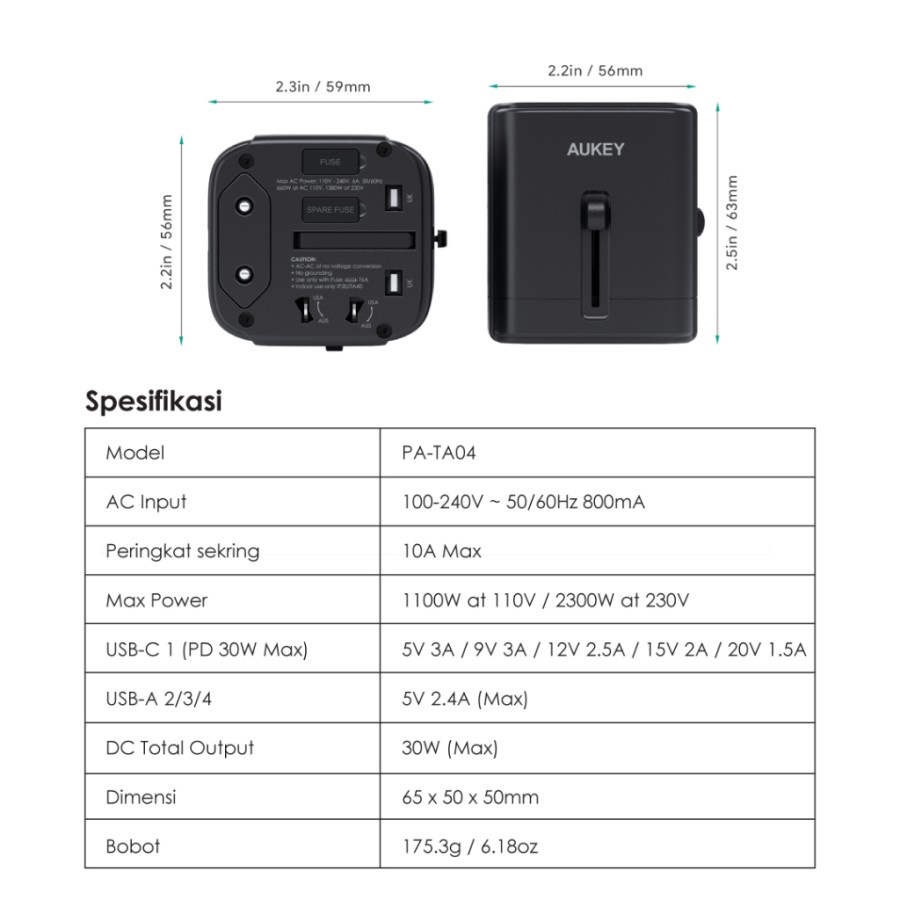 Universal Adapter AUKEY PA-TA04 With USB A &amp; USB C PD 30W - 501682