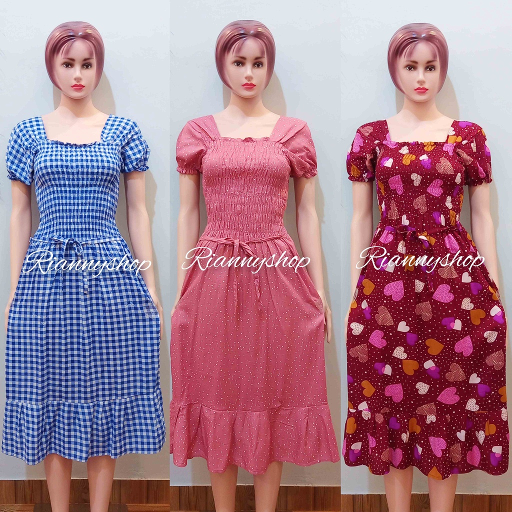 DRESS KERUT KOTAK PANJANG LENGAN KARET