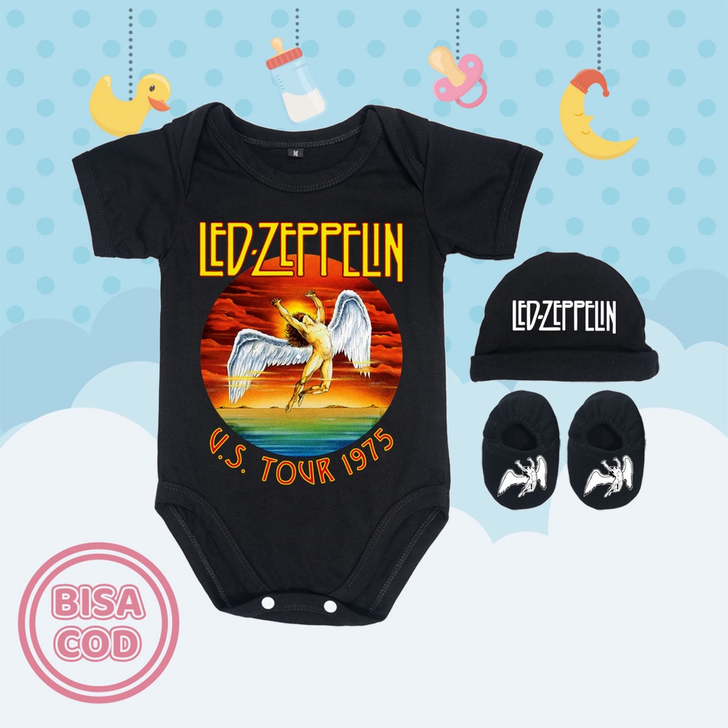 Baju Kodok Jumper Bayi Set Sepatu dan Topi Band Musik Rock Led Zeppelin