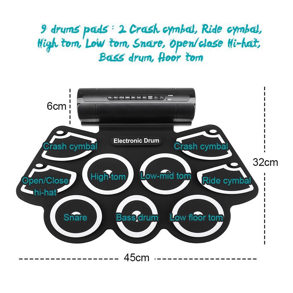 Drum Elektronik Digital Drum Kit 9 ​​Bantalan Drum Dapat Dilipat Dengan Fungsi MIDI Dapat Dihubungkan Ke Komputer