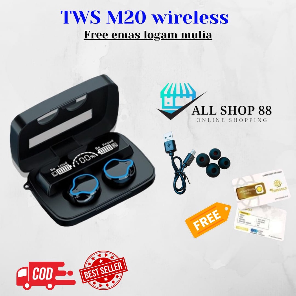 TWS M20 FREE EMAS LOGAM MULIA-HEADSET BLUETOOTH WIRELESS M20