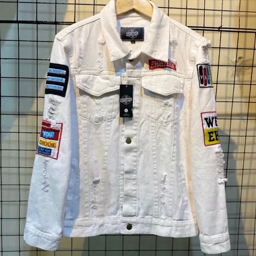 JACKET PRIA CASUAL JEANS EMBLEM BORDIRAN WARNA PUTIH BW