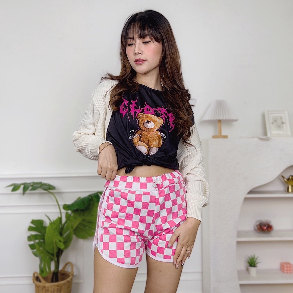 Hot Pants Wanita Motif Kotak Catur Celana Pendek Pantai Santai Cewek