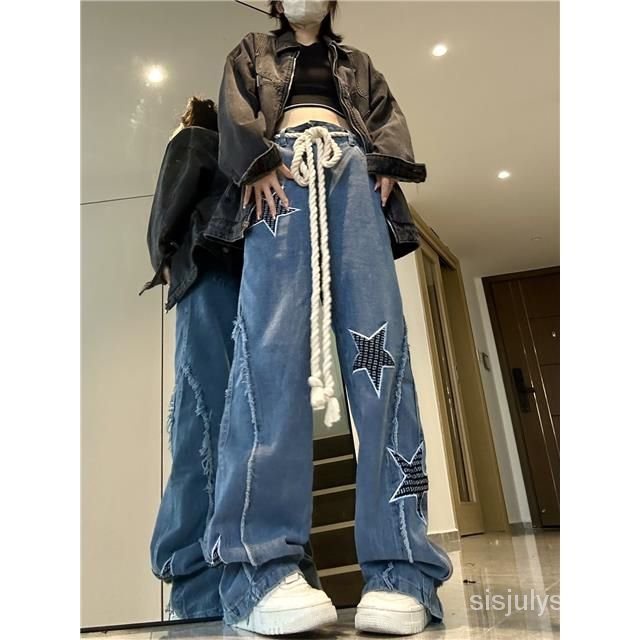 [✅BISA COD] #Sisjuly# Celana Jeans Lurus Bordir Amerika Wanita Berpinggang Tinggi Celana Kaki Lebar