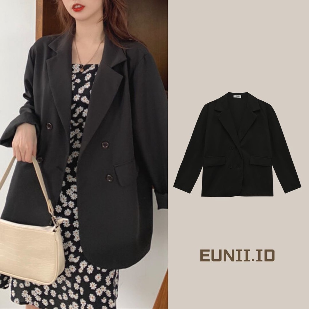 EUNII Blazer Wanita Jaket Lengan Panjang Kasual Wanita Korean Style