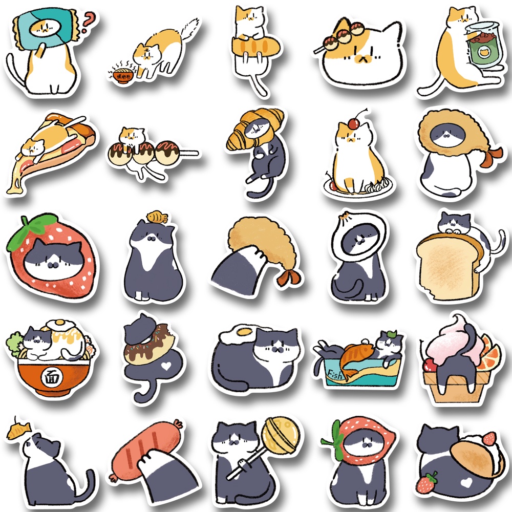 50pcs Japanese food cat stickers Cute cartoon hand account stickers Mobile phone water cup decoration waterproof sticker