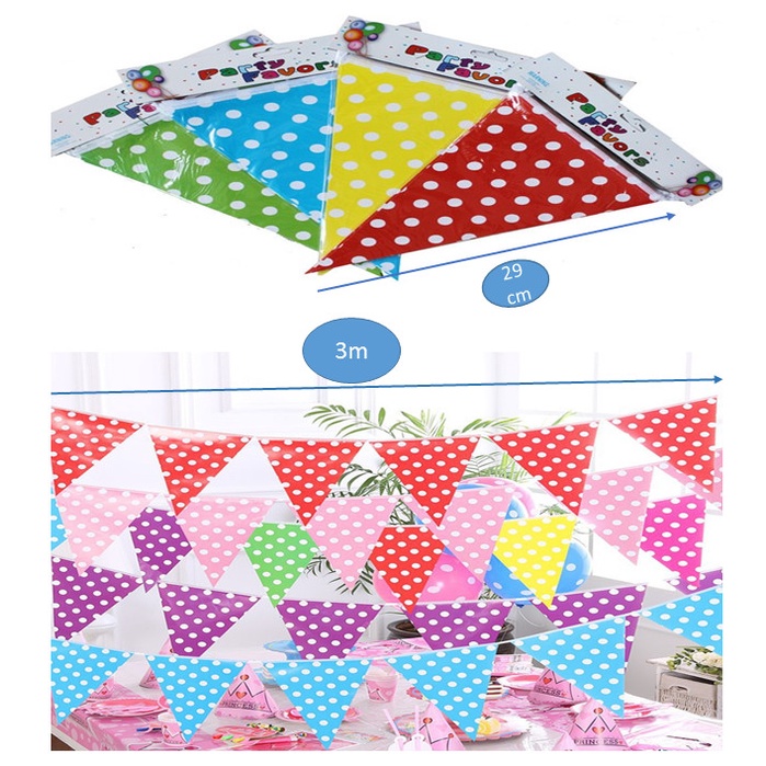 Bunting Flag Bintik Bintik / Bendera Segitiga Ulang Tahun / Banner Flag Happy Birthday / Decoration Kertas Hanger Segi Polkadot