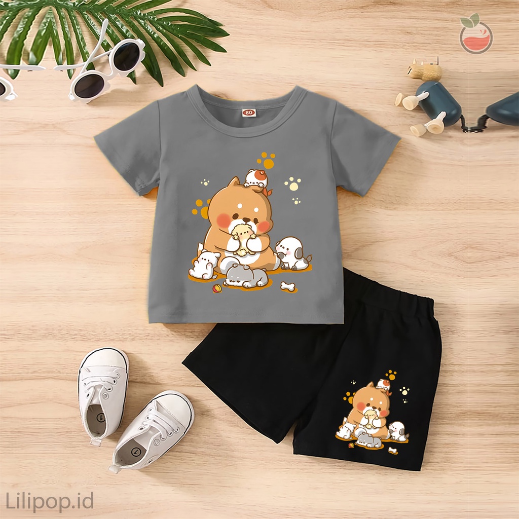 Baju Anak Stelan Kaos 3/4  BEAR CUTE Cowok Cewek  Usia 1 - 4 Tahun Celana Pendek Harian