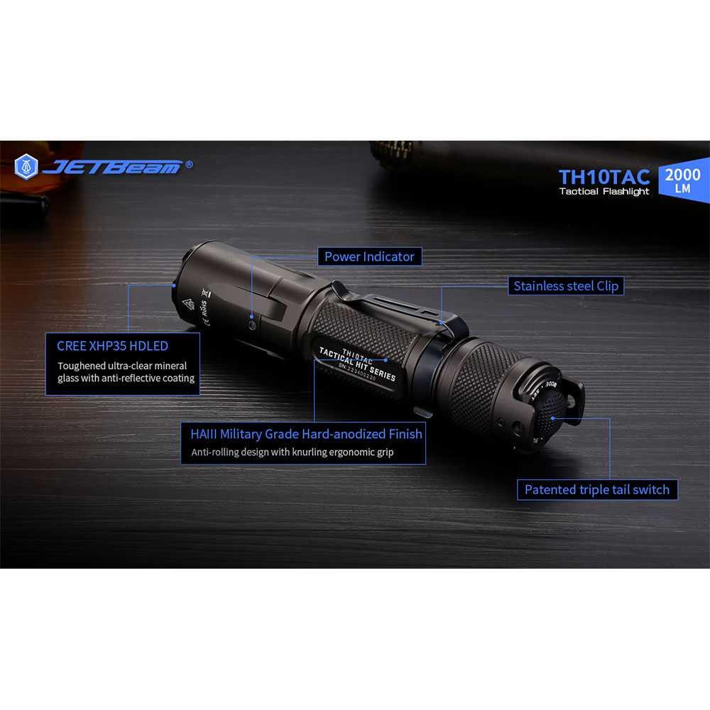 JETBeam Senter LED Tactical Flashlight CREE XHP35 HD 2000 Lumens - TH10TAC - Black