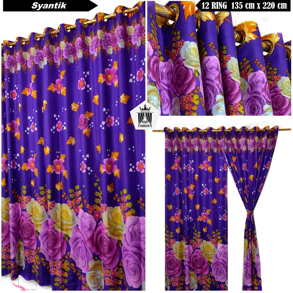 Gorden Smokring 12 Ring Hordeng Pintu Jendela Kamar Motif Bunga Warna Ungu Uk 135x220 Cm Minimalis A