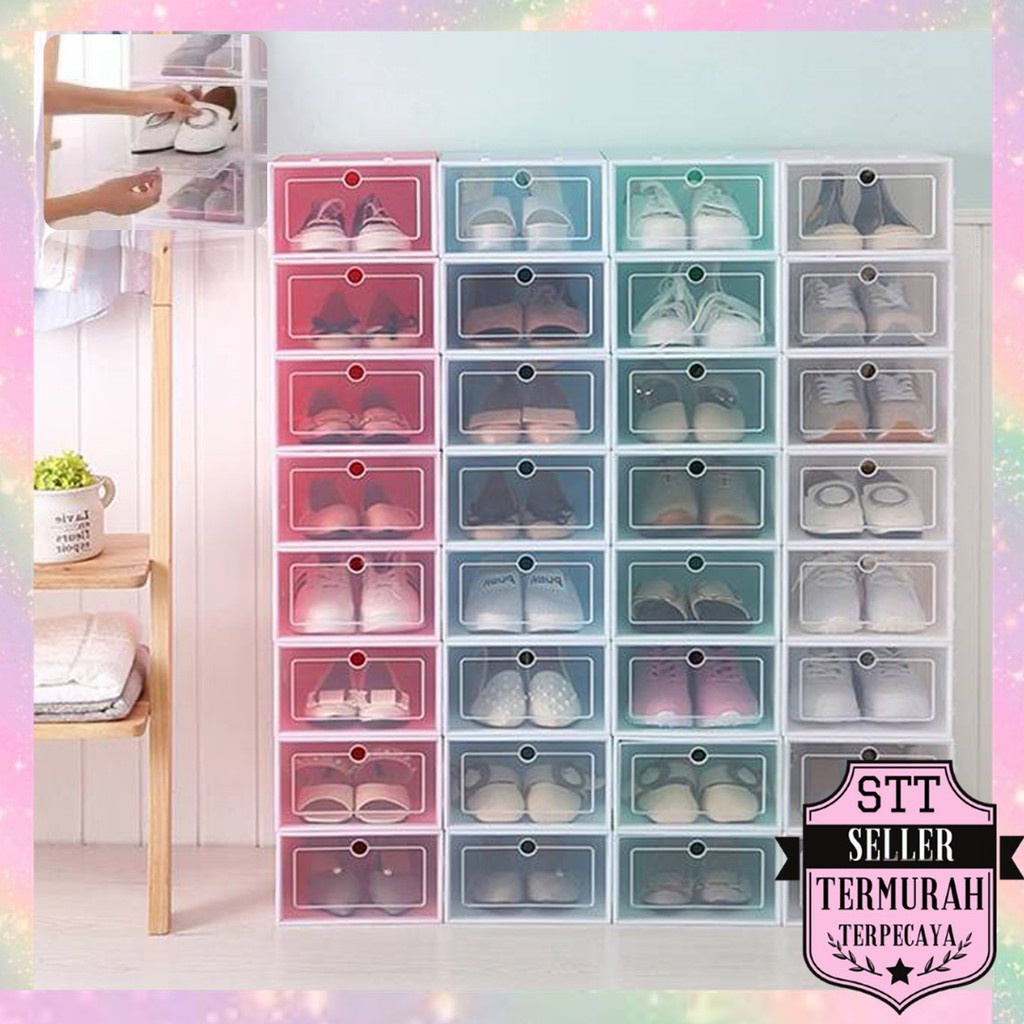 STT Kotak Sepatu Lipat Transparan Rak Sepatu Plastik Susun Storage Box Organizer