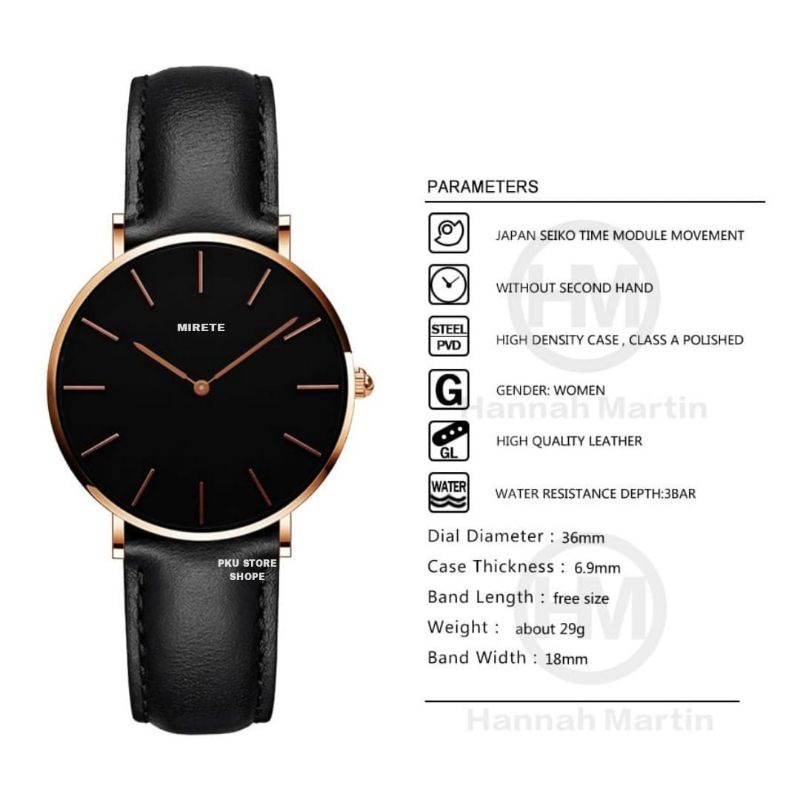 Jma Tangan Wanita Mirete Original Tahan Air Strap Kulit Free Box | Jam Tangan Kasual Quartz Analog Wanita Mewah Elegan Sporty Dijamin Sesuai Foto Realpict