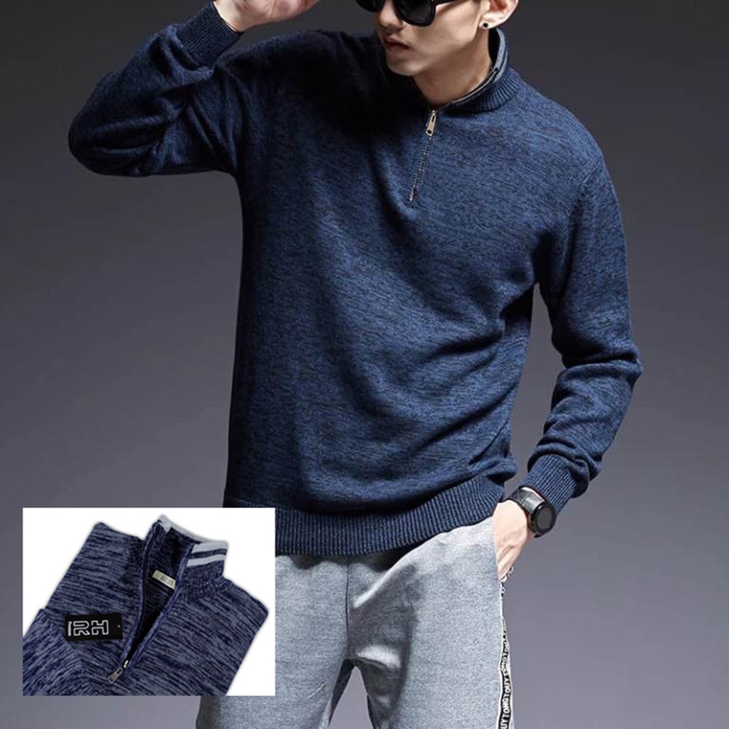 RH - Sweater Baju Rajut Turtleneck Zipper resleting twist Navy kerah tinggi turtle neck