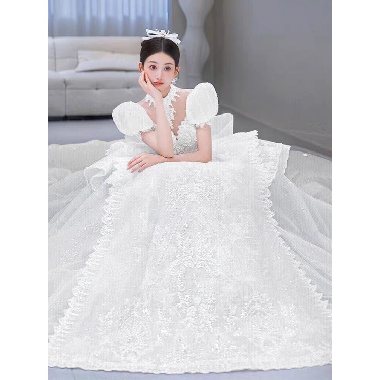 Baby Biru Gaun Pengantin Wanita Long Tail Bridal Wedding Dress Princess Bright Sequin Lace Beaded Wedding Gown Gaun Pengantin Wanita Ekor Panjang