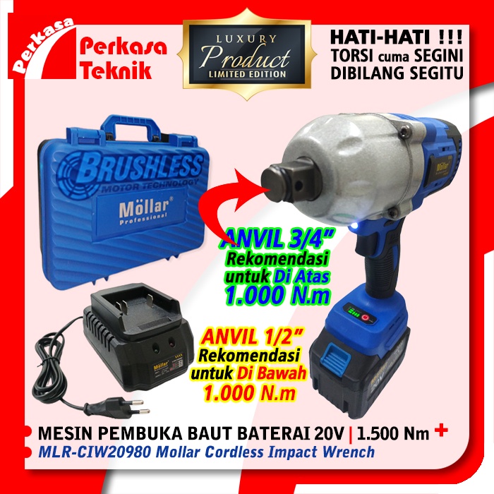 IMPACT WRENCH CORDLESS MOLLAR CIW20980 FULL SET ALAT BUKA BAUT BATERAI 1000Nm