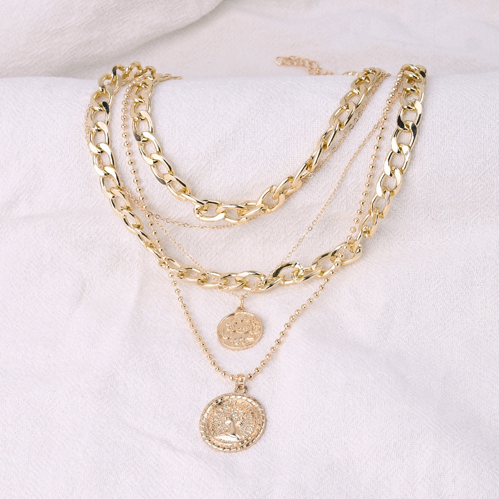 MMM Kalung Choker Rantai Gold Koin Multilayer 6515 Kalung 5 Layer Coin Necklace Aksen Mutiara Gaya Vintage Wanita Murah Import