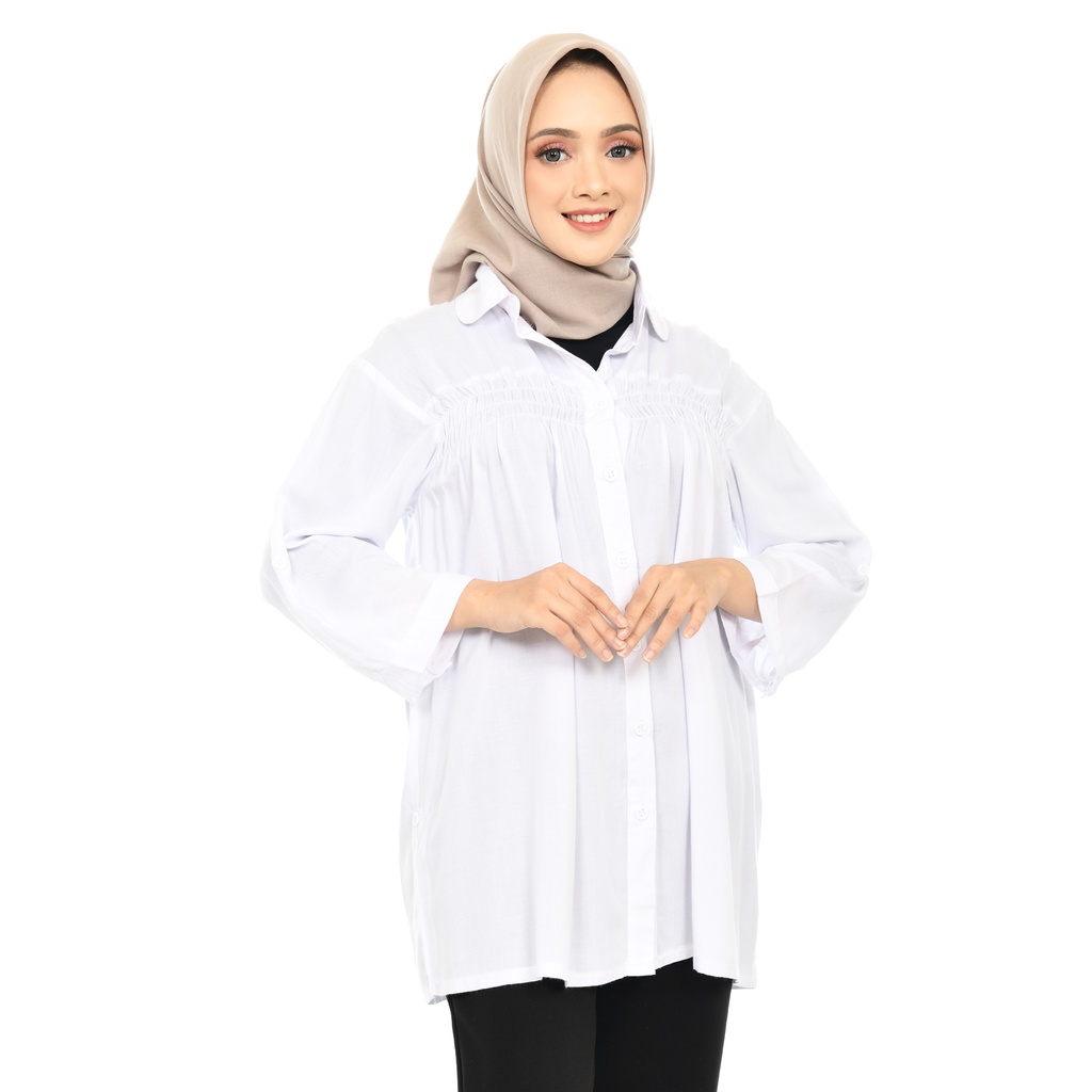 Baju Kemeja Wanita Putih Polos Bahan Adem Katun Rayon