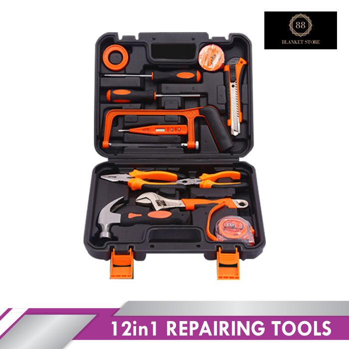 Alat Perkakas Tukang Repairing Hand Tool Kit Set Box 12in1 Import | Palu | Tang | Kunci Inggris | Gergaji | Solatif | Meteran | Cutter Lengkap - GJ-33 - 88Balnketstore