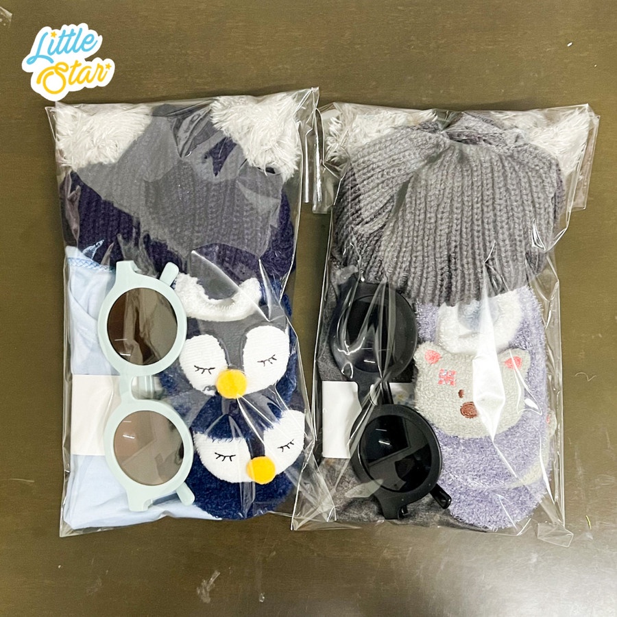 LS 4in1 Set Paket Setelan Baju Bayi Newborn Jumper Topi Kupluk Rajut Pom Prewalker Kacamata Anti UV Unisex Premium
