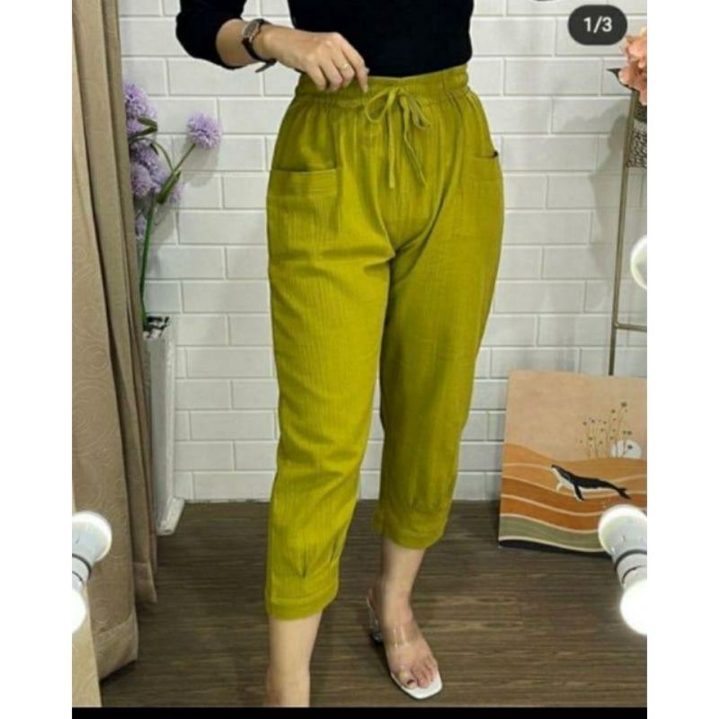 CELANA CROP PANTS CRINKLE LINEN PREMIUM KOREA STYLE