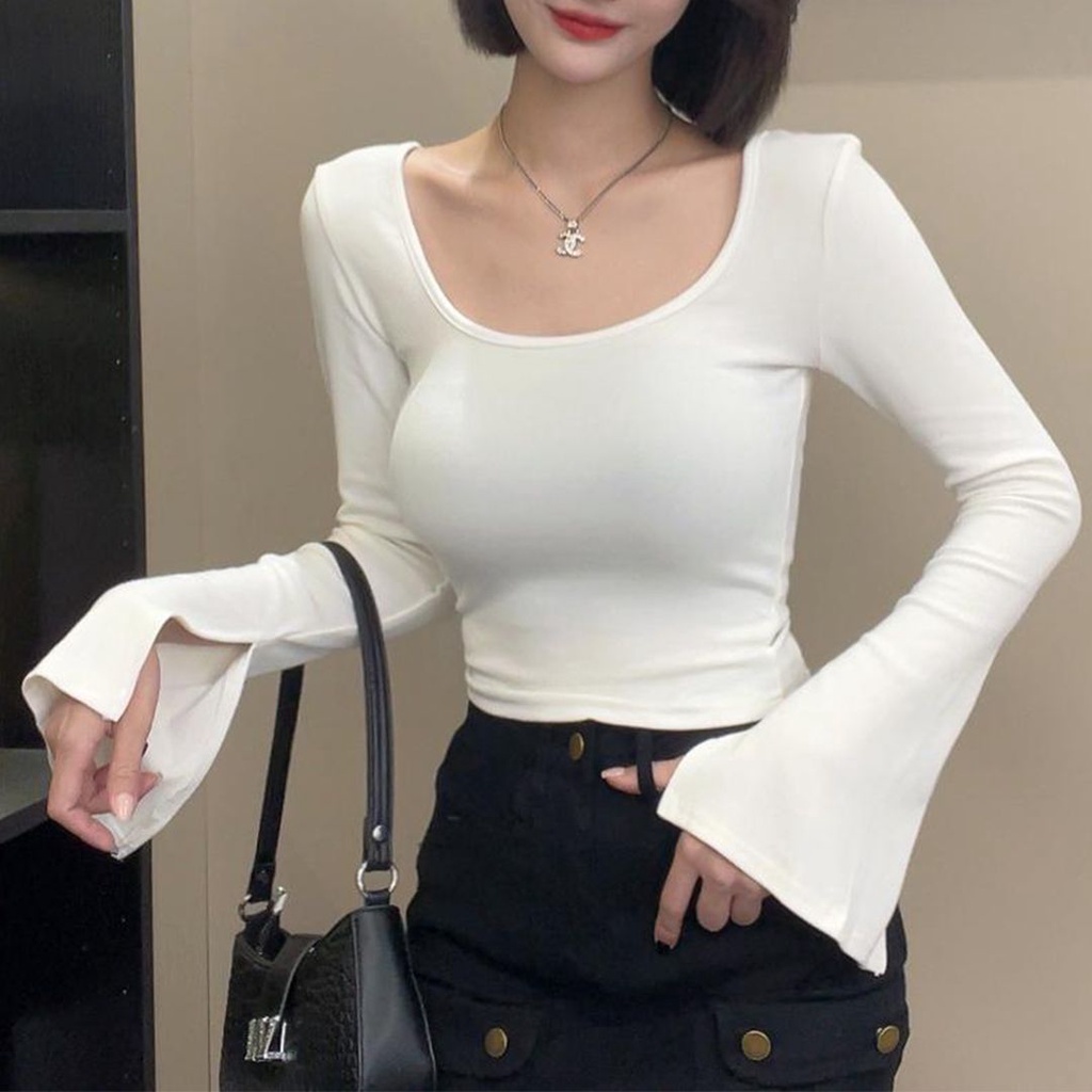 Red Bagian depan dan belakang dua pasang U-neck slim-fit lengan panjang t-shirt wanita musim semi pakaian dalam putih pakaian luar bottoming all-match design top trendy