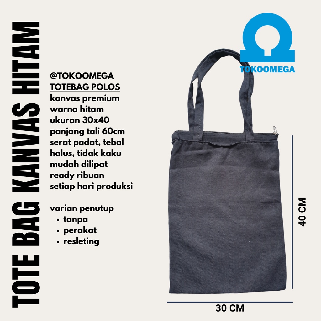 Totebag Custom Canvas Hitam, Tas Wanita Dan Pria, Tote Bag Resleting Kanvas Tebal, Tas Tote Bag Polos 30x40