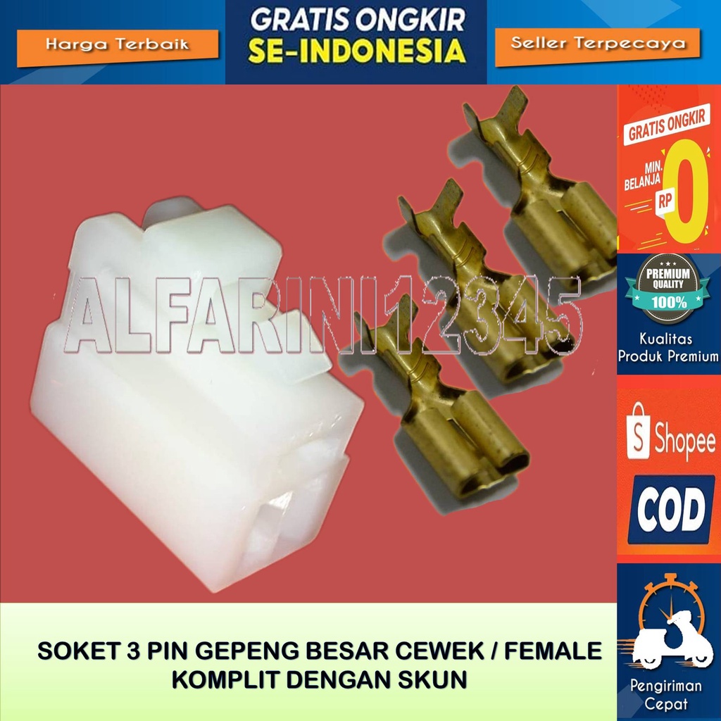 Soket Kabel 3 Pin Besar Cewek Female Komplit Dengan Skun Bahan Nylon Tahan Panas Buat Motor Mobil Un