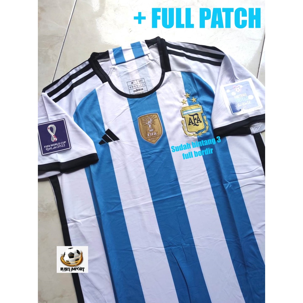 Jersey Baju Bola Argentina Home Bintang 3 Full Patch JUARA Piala Dunia World Cup CHAMPIONS 2022 Grade Ori