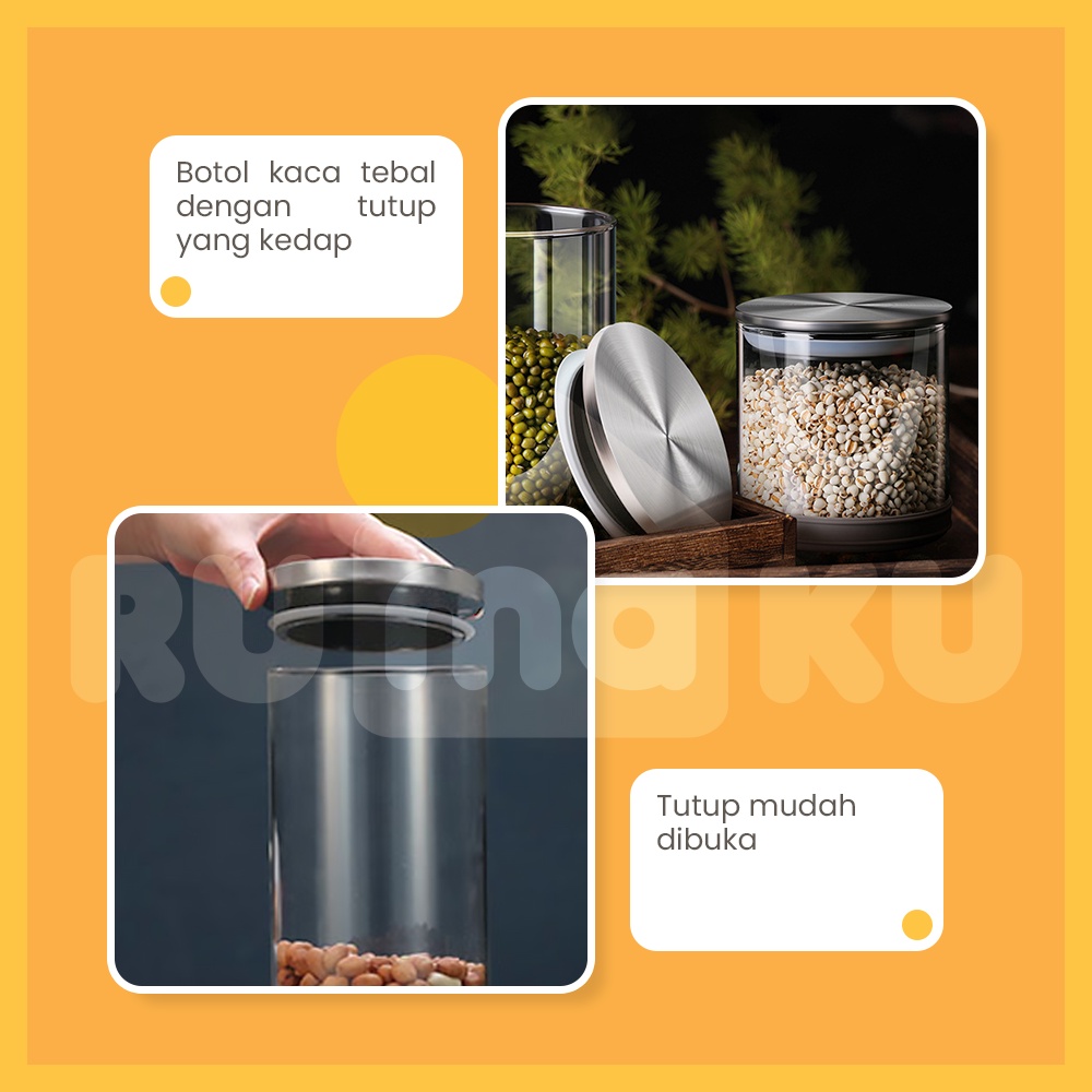 Rumaku Toples Penyimpanan Kue Serbaguna Biji Bijian Bahan Kaca Borosilicate Bening Kedap Udara Premium Quality