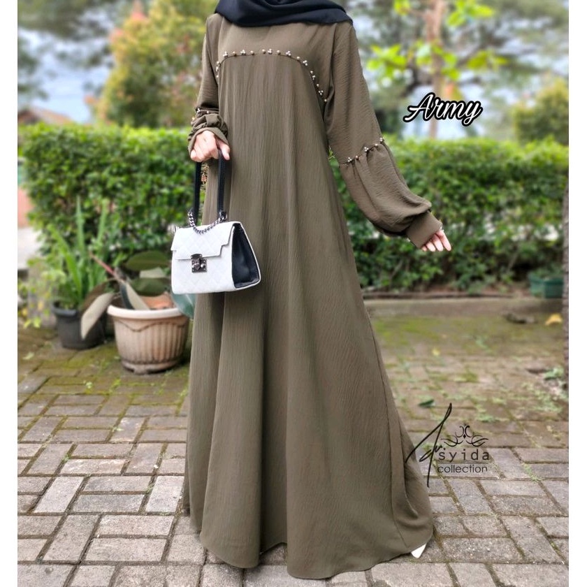 Gamis Crinkle Payet Mutiara Lengan Balon | Gamis Raya Terbaru | Gamis Crinkle Airflow