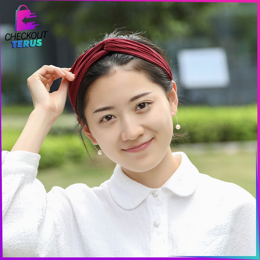 CT C63 Bando Korea Wanita Aksesoris Rambut Motif Garis Salur Karet Elastis Dengan Kancing Pengait MaskerHeadband Bendo Import