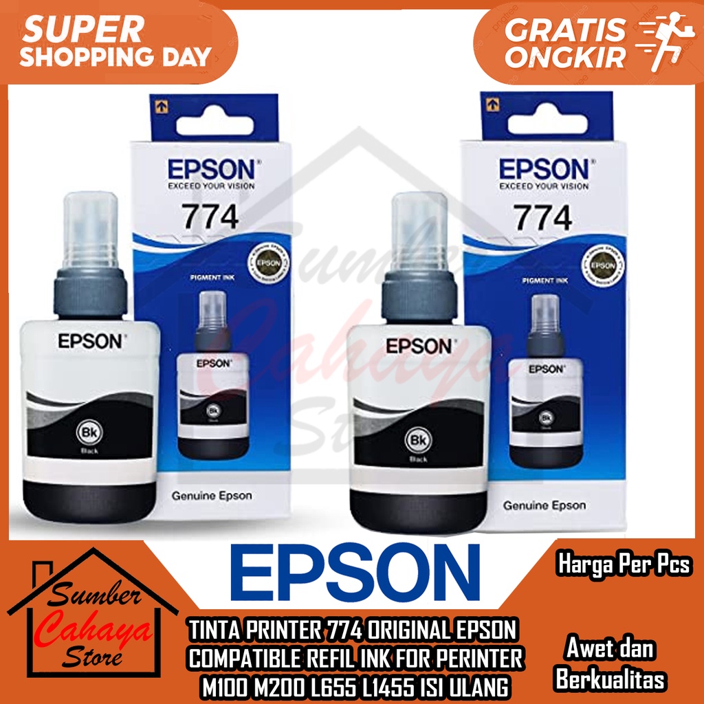 TINTA EPSON 774 ORIGINAL PRINTER M100 M200 L655 L1455 REFIL INK HITAM BLACK PERINTER COMPATIBLE FRIN