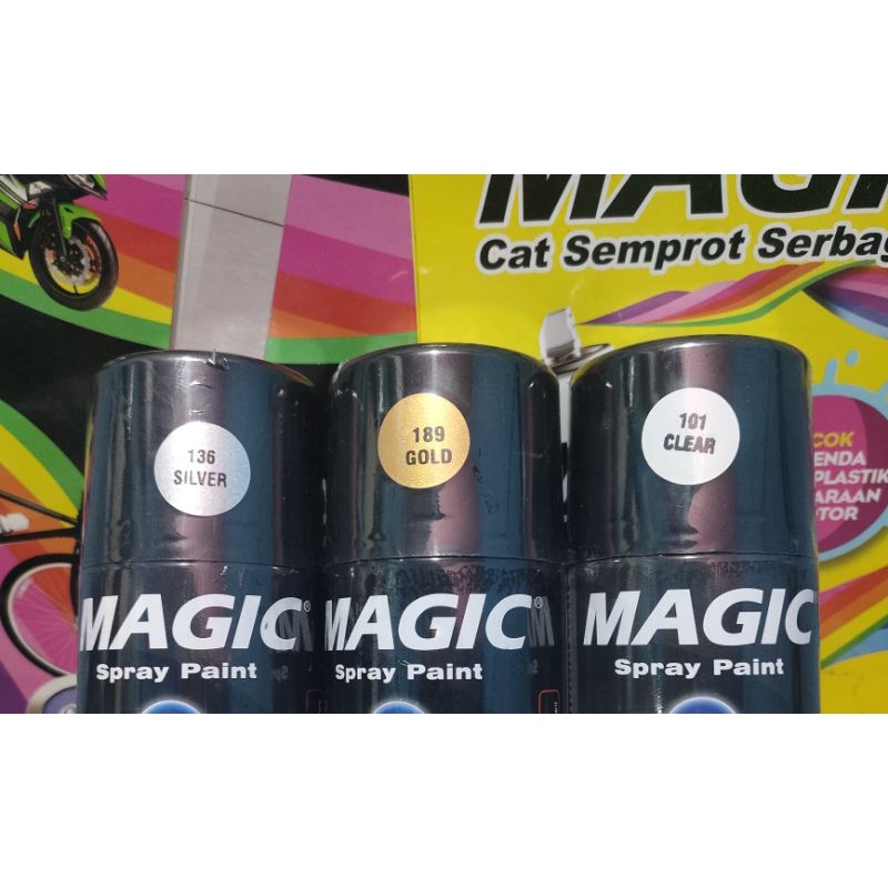 Pilok Pilox Cat Semprot Magic Paket Lengkap 3 Kaleng 300cc Paketan Emas Gold 189 Silver 136 Clear Pernis Glossy Mengkilap 101 Spray Paint