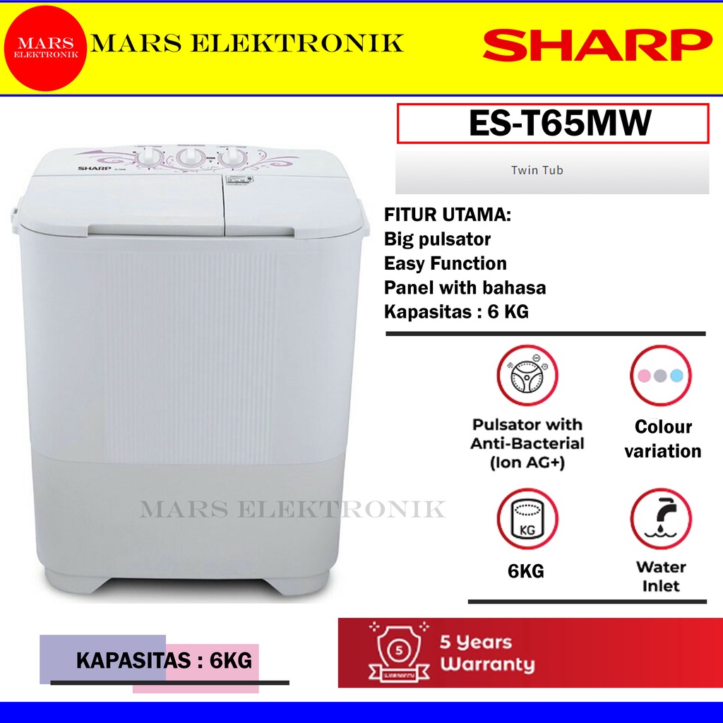 MESIN CUCI SHARP ES-T65MW - KAPASITAS 6 KG - ES T 65 MW - EST65MW / READY