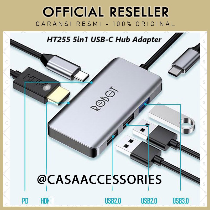 Robot HT255 5in1 USB-C HUB Adapter Type C HUB PD USB 3.0 HDM Adaptor