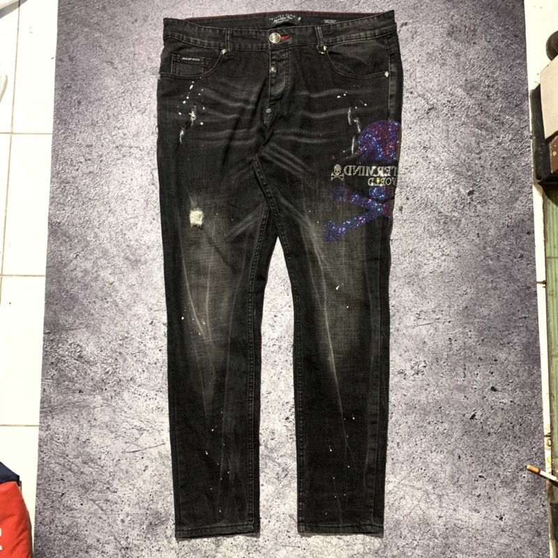 Mastermind x Philipp Plein Distressed Button Fly Washed Denim Jeans Pant